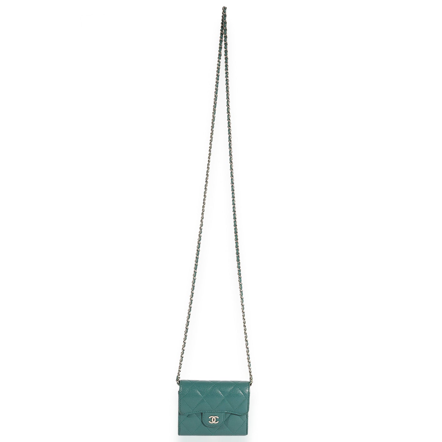 Teal Quilted Caviar Classic Card Holder on Chain Handbag