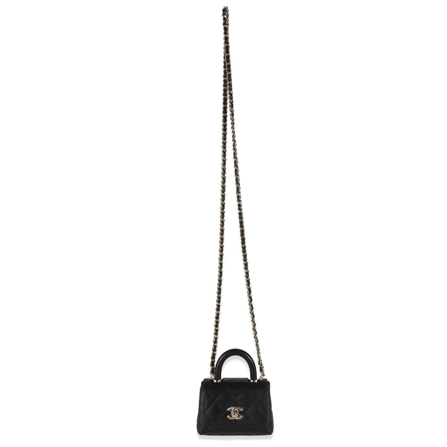 24K Black Quilted Caviar Coco Top Handle Clutch With Chain Handbag