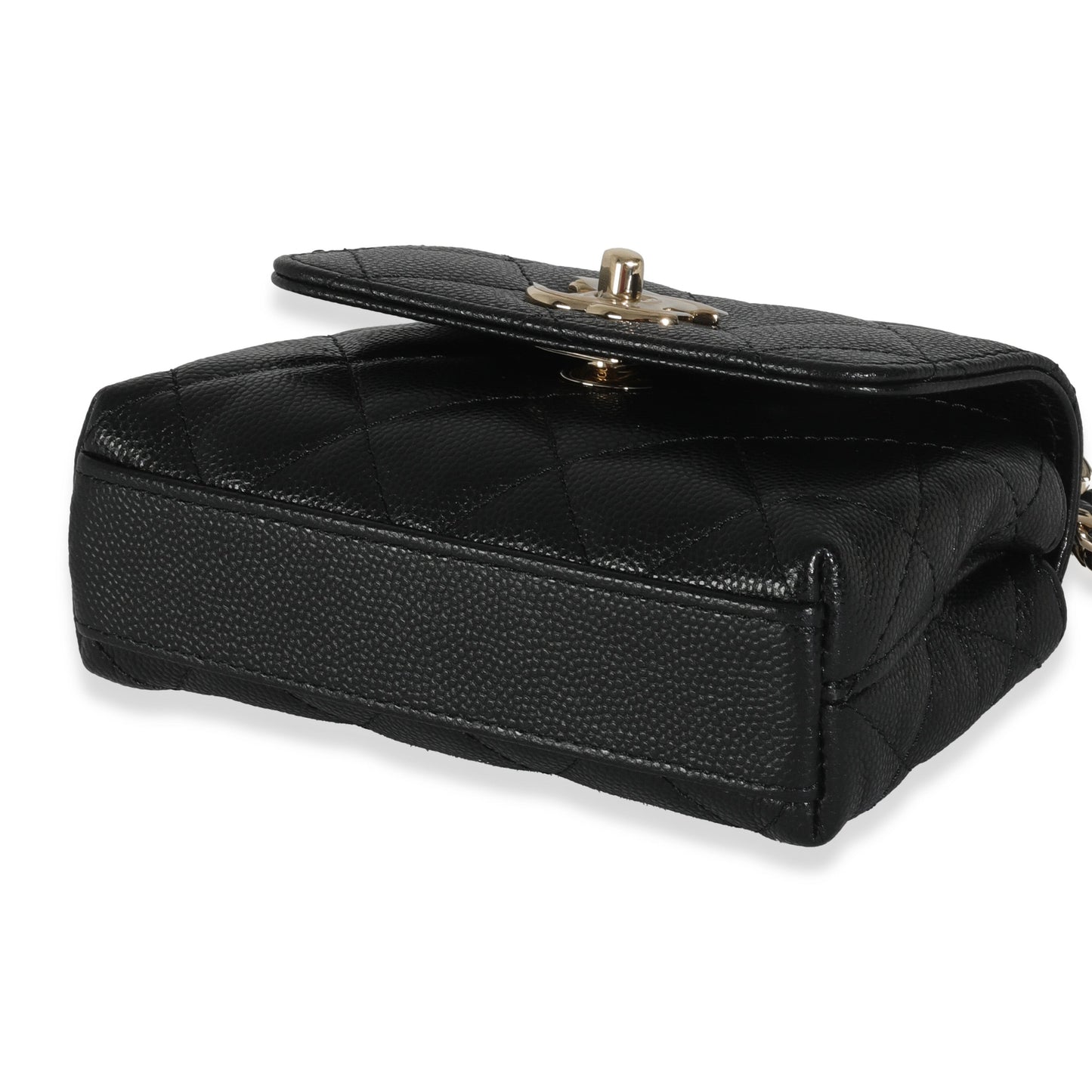 24K Black Quilted Caviar Coco Top Handle Clutch With Chain Handbag