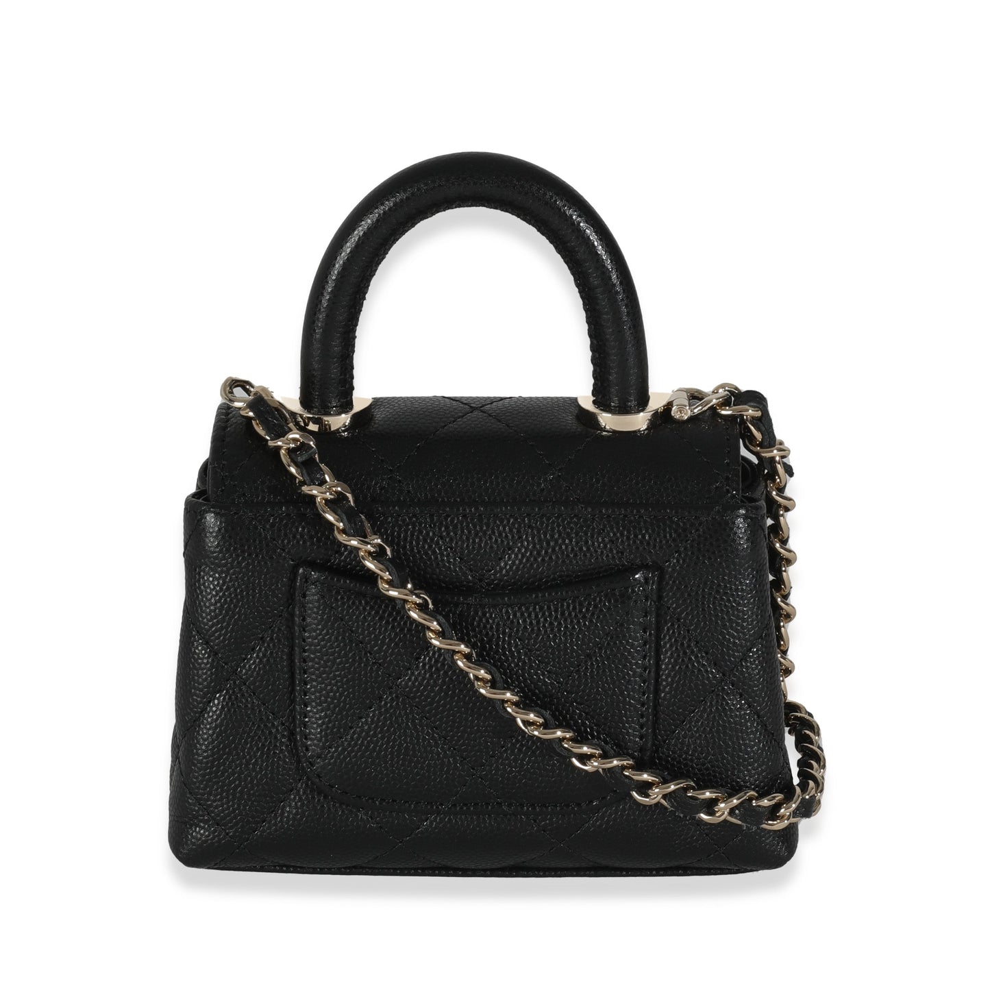 24K Black Quilted Caviar Coco Top Handle Clutch With Chain Handbag