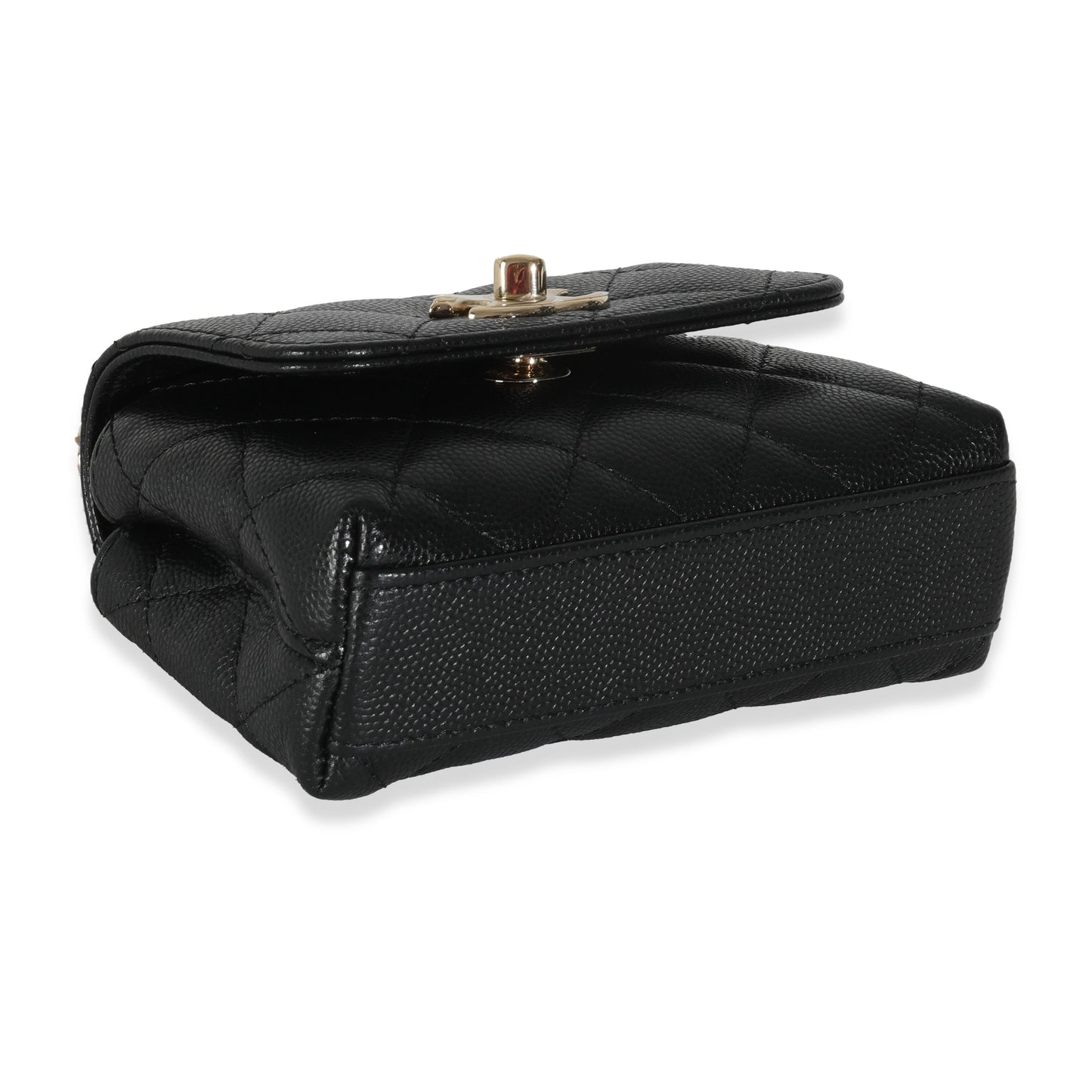 24K Black Quilted Caviar Coco Top Handle Clutch With Chain Handbag