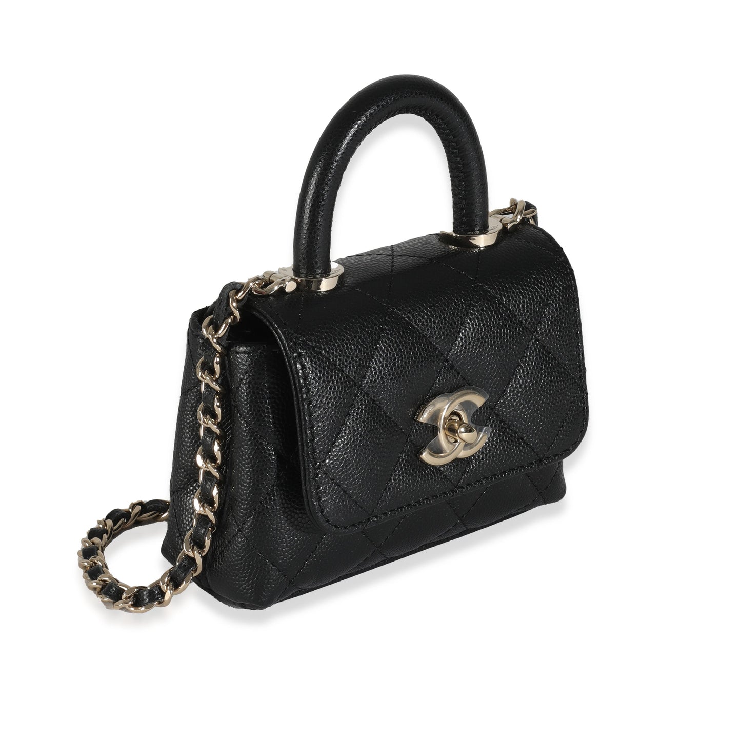 24K Black Quilted Caviar Coco Top Handle Clutch With Chain Handbag