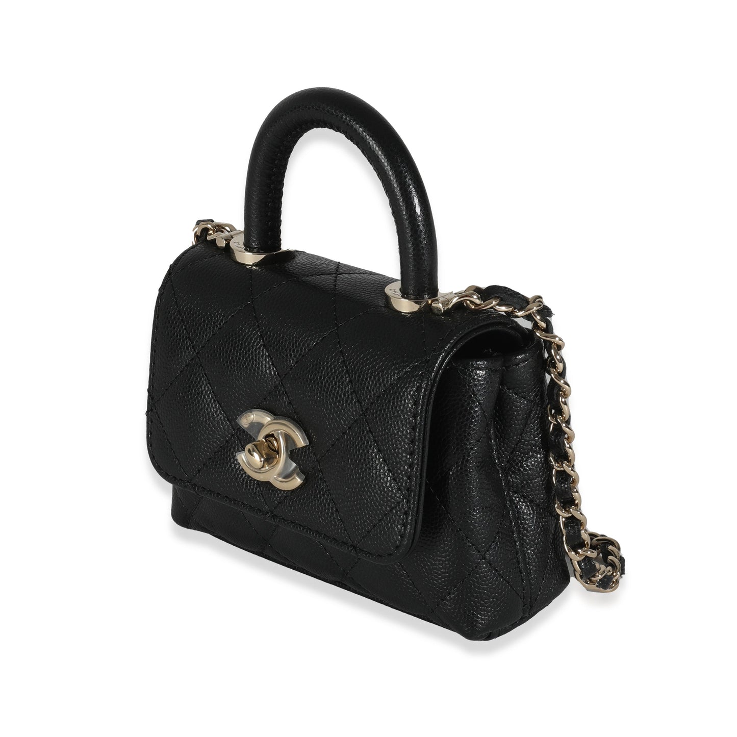 24K Black Quilted Caviar Coco Top Handle Clutch With Chain Handbag